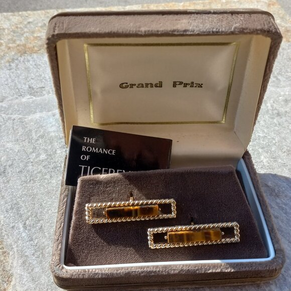 Swank Grand Prix TIGERS EYE Cufflinks Rectangular Gold Bars Original Vel… - Picture 2 of 15